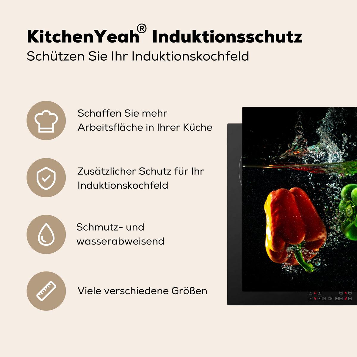 HERDABDECKPLATTE Paprika - Gemüse - Wasser - Schwarz - Rot - Grün - Gelb Herdabdeckung Induktionsfeld 75x52 cm - Multicolor, Kunststoff (75/52/0.2cm) - MuchoWow