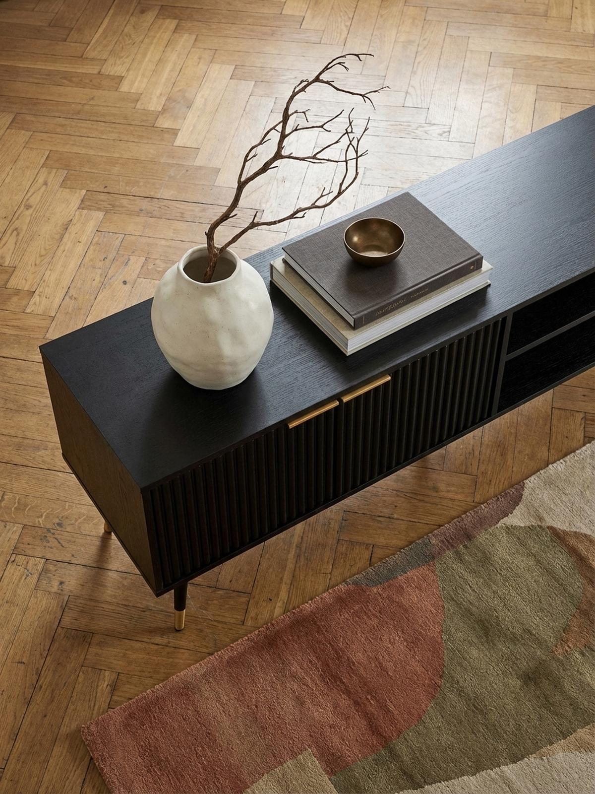 LOWBOARD Schwarz Eiche-Dekor Modern Stil 150x51x39 cm mit Türen und Ablagefächern - Goldfarben/Schwarz, Holzwerkstoff/Metall (150/51/39cm) - KADIMA DESIGN