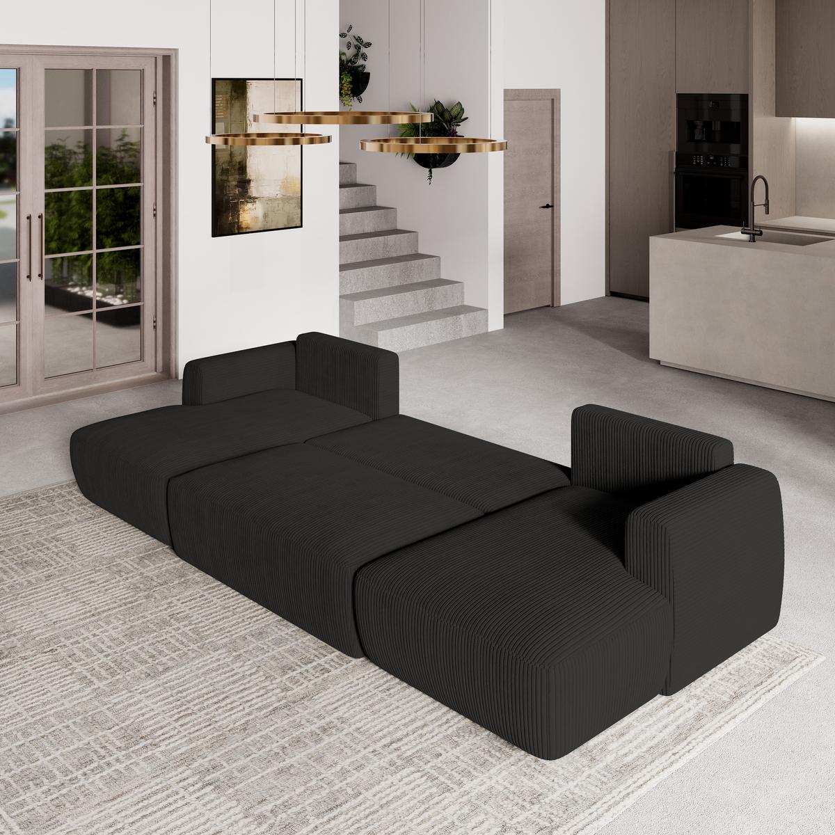 WOHNLANDSCHAFT SENTUM P Schwarz Kordstoff mit Schlaffunktion - Schwarz, Holz/Kunststoff (330/90/148cm) - MASSENO
