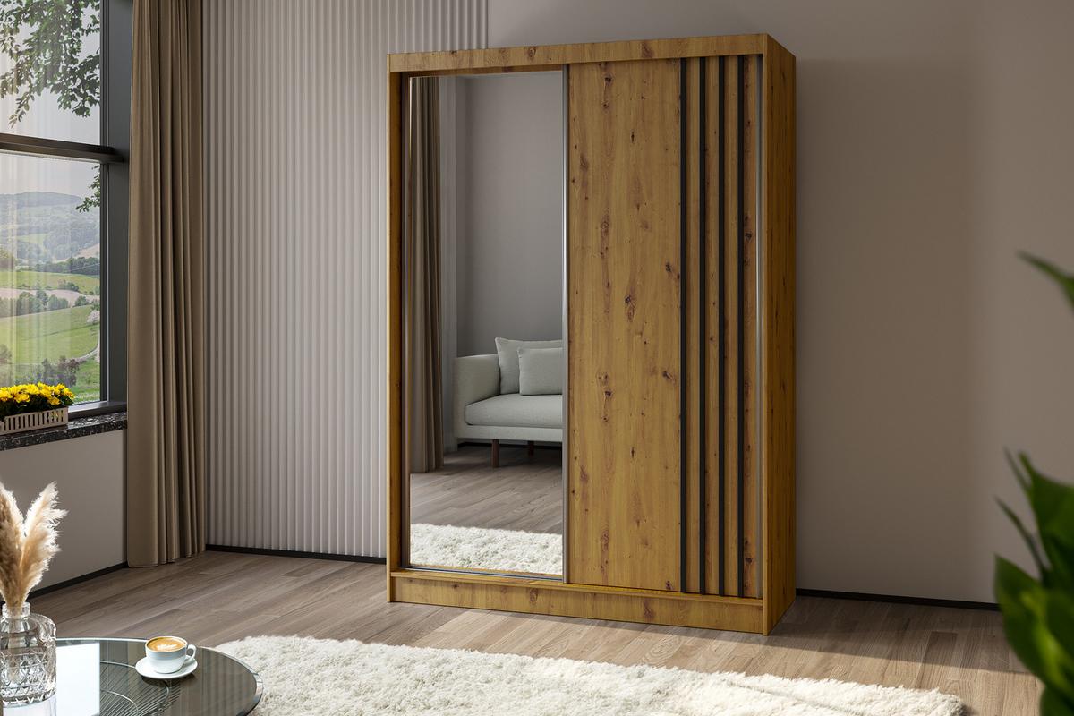 KLEIDERSCHRANK mit Spiegel-Schiebetüren und Aluminium-Leisten, LED-Beleuchtung - NALLA - 150 cm Artisan+Artisan+Schwarz - Schwarz/Eiche Artisan, Holzwerkstoff (150/216/61cm) - ALTDECOR