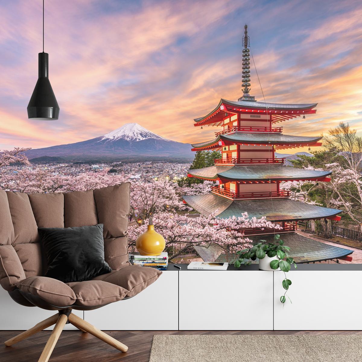 FOTOTAPETE für Wohnzimmer Japanische Pagode Frühling Sonnenuntergang 300x210 - Rot/Violett, Papier (300/210cm) - Muralo