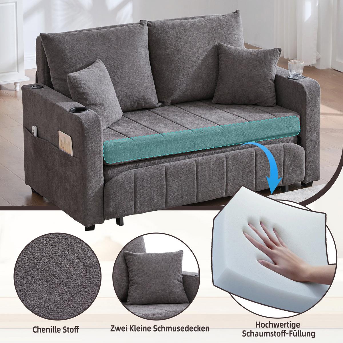 SCHLAFSOFA aus chenille mit bettfunktion, usb-anschluss & becherhaltern - Grau, Textil (139/83/73cm) - Urban Meuble
