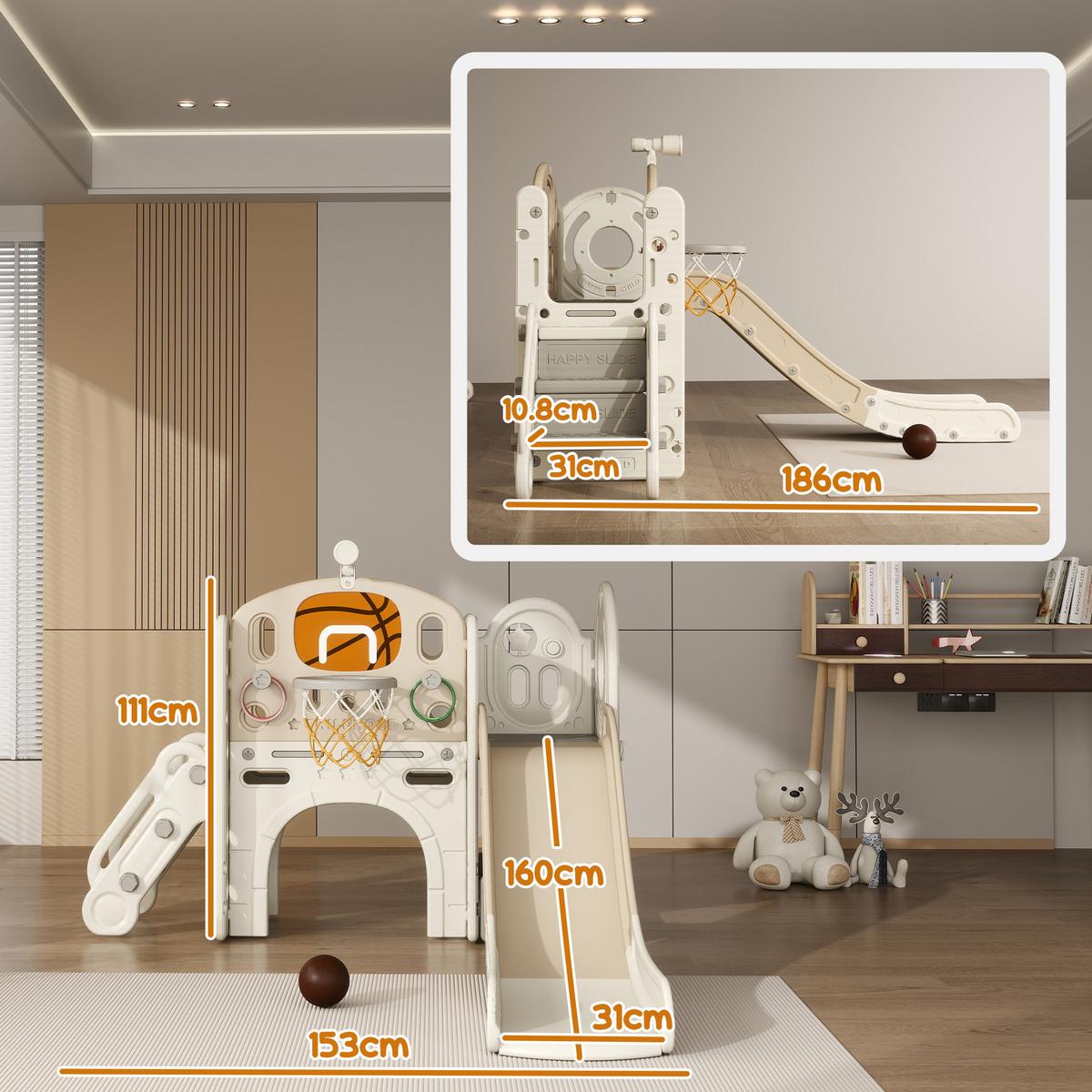 KINDERRUTSCHE, 7-in-1, Kleinkinderrutsche mit Basketballkorb, Klettergerüst - Creme/Weiß, Kunststoff (153/111/186cm) - AIYAPLAY