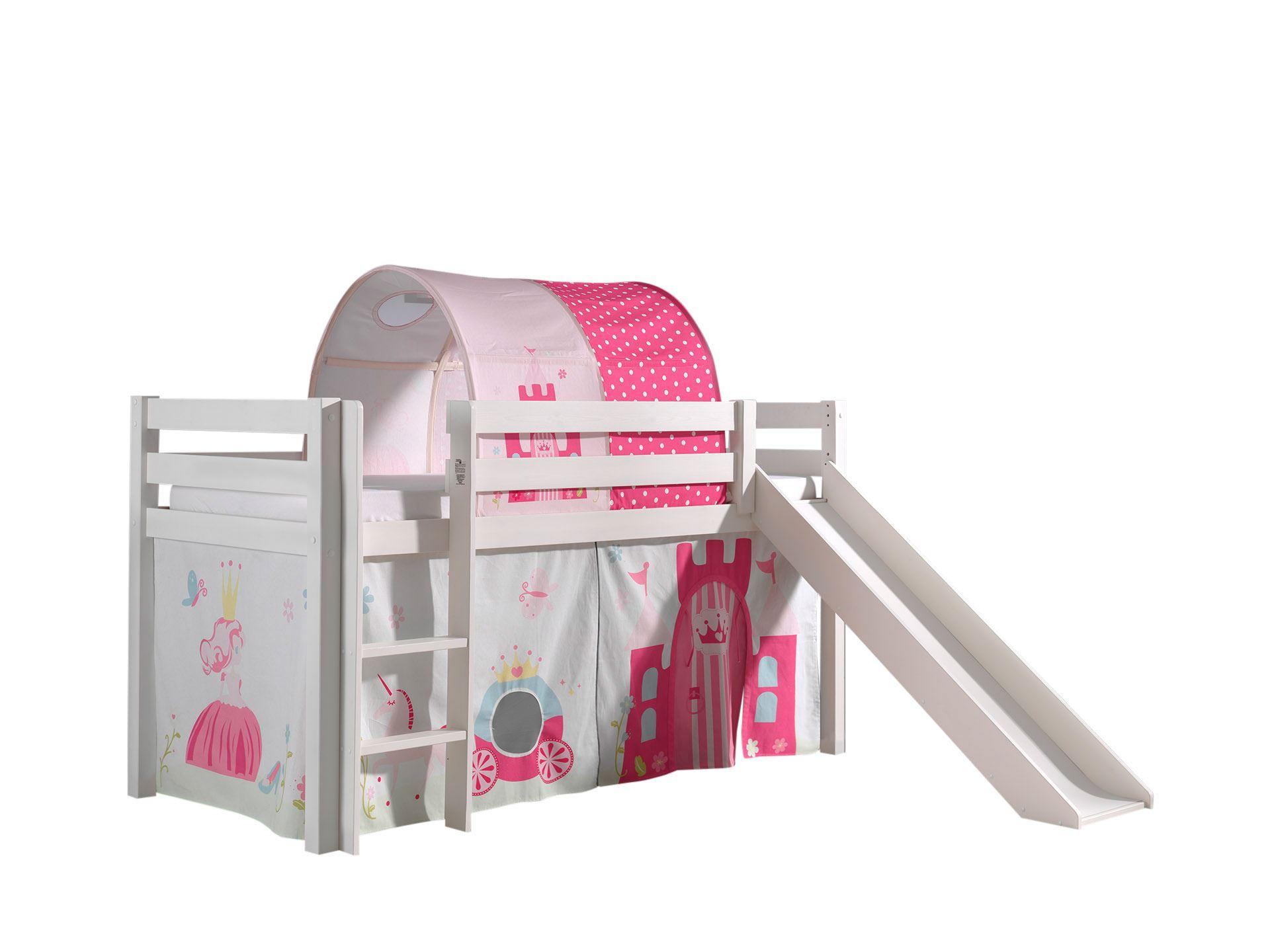 HOCHBETT mit Rutsche Karolina Massivholz Weiß Textilset Princess 2 - Magenta/Weiß, Holz (90/200cm) - 58aufmkessel