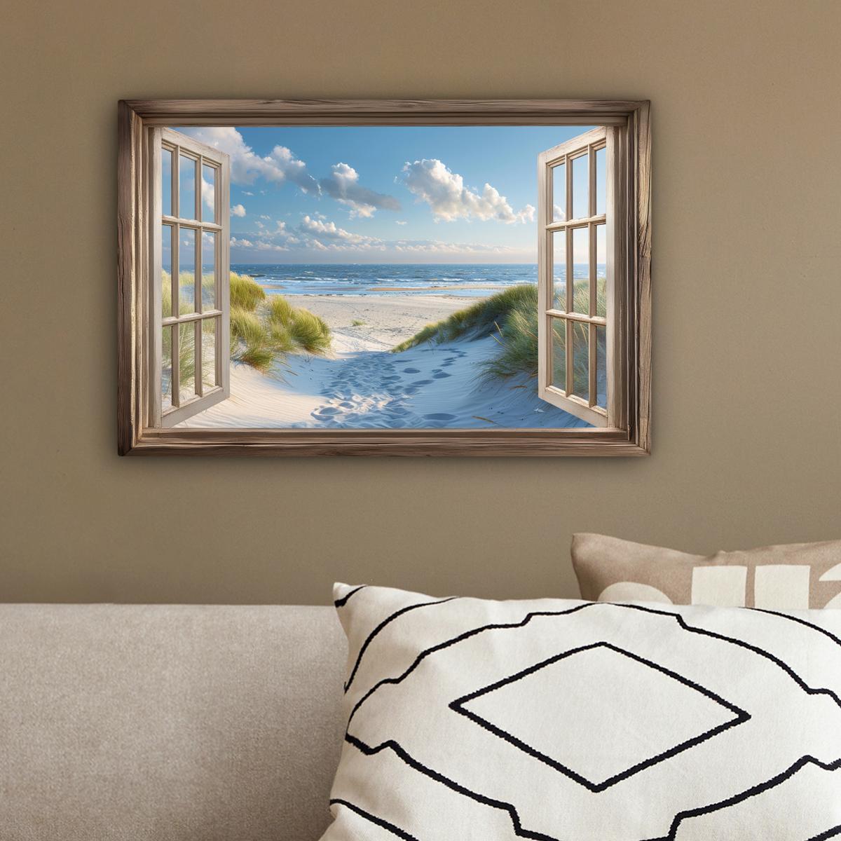 LEINWANDBILD Aussicht - Strand - Fenster - Dünen - Meer Deko Schlafzimmer 30x20 cm - Hellblau, Textil (30/20cm) - MuchoWow