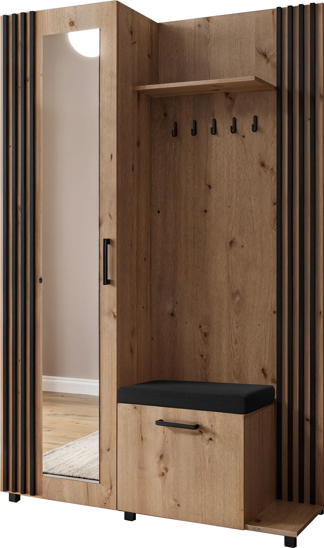 GARDEROBE Linaro mit Spiegel, Sitzbank in Lamellen-Optik 137/207/42 cm, Rechts - Schwarz/Eiche Artisan, Holzwerkstoff (137/207/42cm) - WFL GROUP