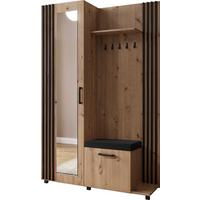 GARDEROBE Linaro mit Spiegel, Sitzbank in Lamellen-Optik 137/207/42 cm, Rechts - Schwarz/Eiche Artisan, Holzwerkstoff (137/207/42cm) - WFL GROUP