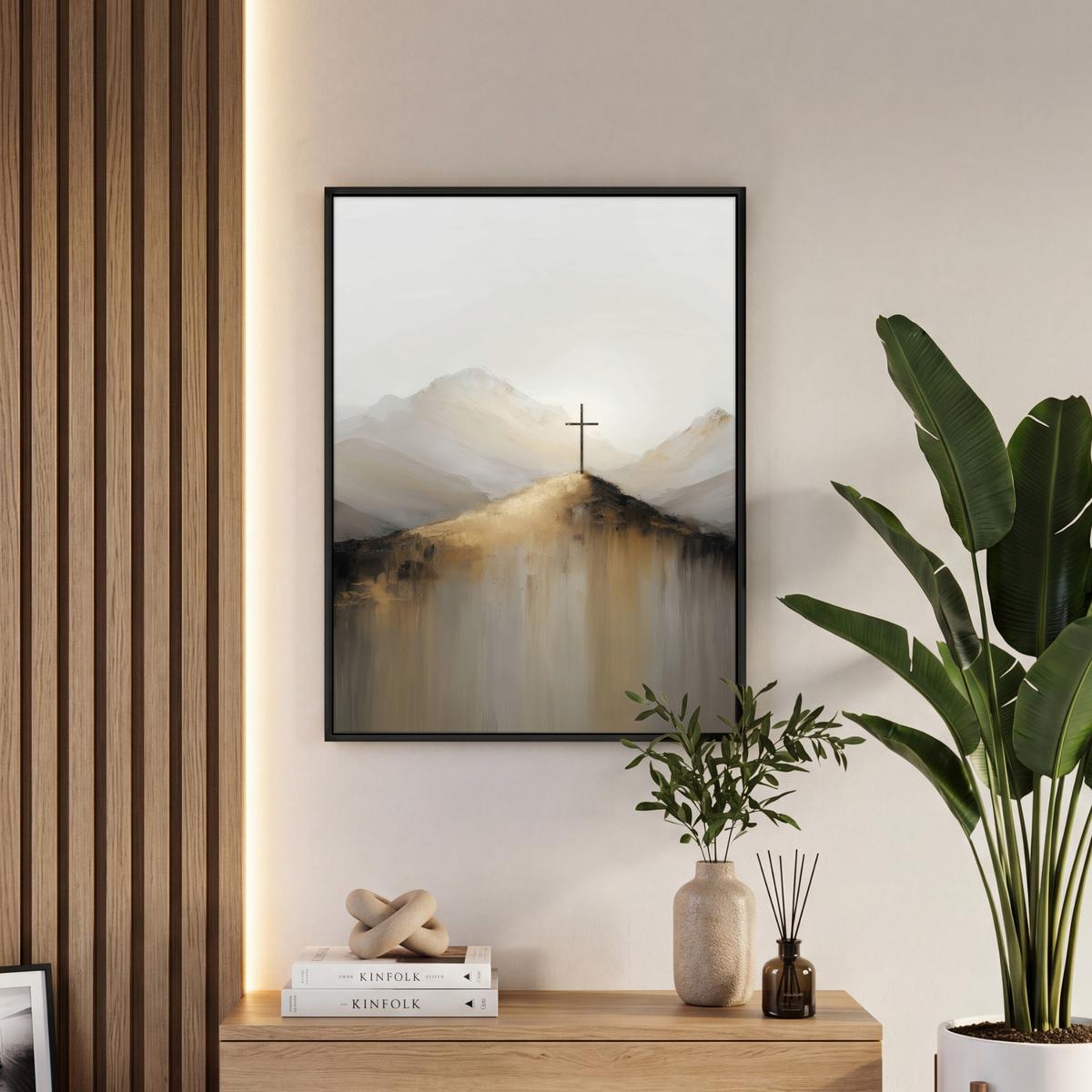 LEINWAND Bilder mit Rahmen - Hügel - Abstrakt - Kreuz - Christentum - 50x70 - Beige, Textil (50/70cm) - MuchoWow