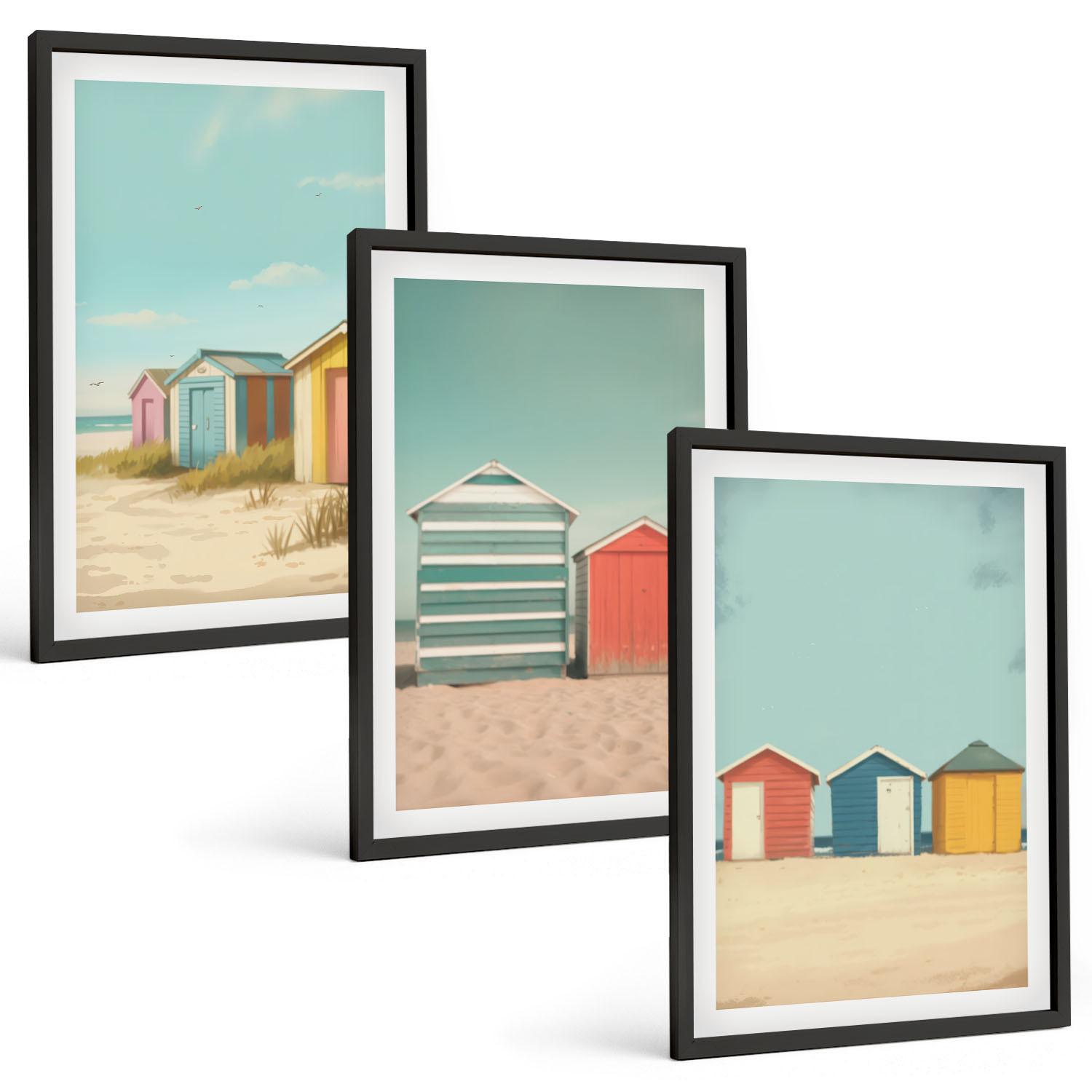 BILDER SET 3er Set - 40x60 cm Schwarzer Rahmen - Bunte Häuser, Strand, Sonne - Schwarz, Kunststoff (40/60cm) - TULUP