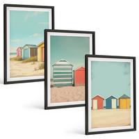 BILDER SET 3er Set - 40x60 cm Schwarzer Rahmen - Bunte Häuser, Strand, Sonne - Schwarz, Kunststoff (40/60cm) - TULUP