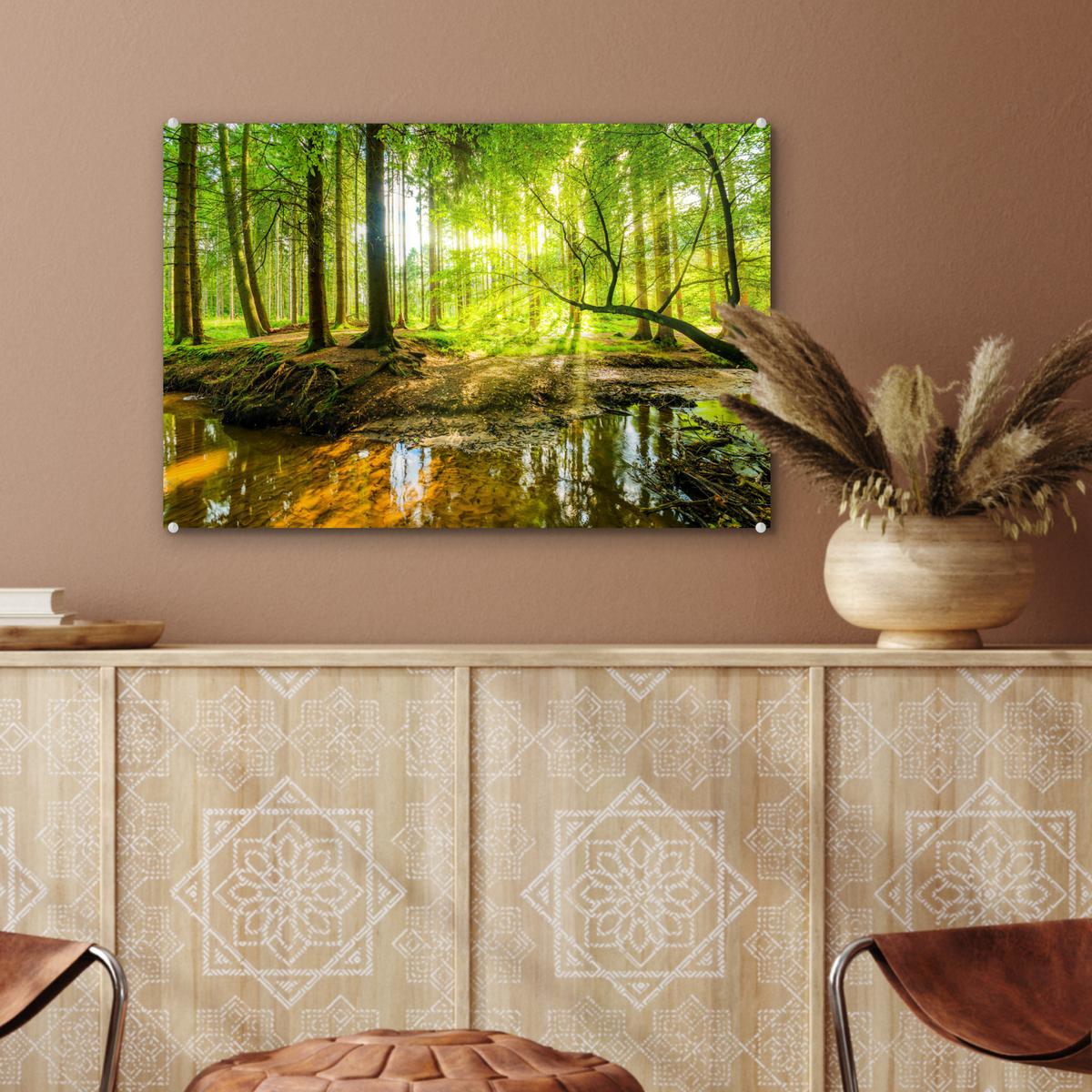 ACRYLGLASBILD Wald - Landschaft - Wasser - Bäume - Sonne - Grün - Natur Wanddeko 60x40 cm - Grün, Glas (60/40cm) - MuchoWow