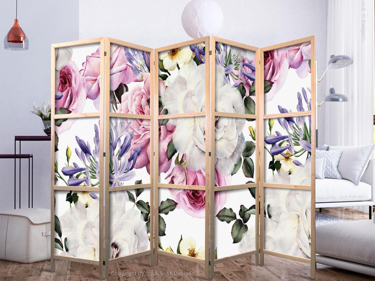 PARAVENT Japanischer 5-tlg 225x172 cm Aquarell Blumen - Multicolor, Holz/Textil (225/172/3cm) - Muralo