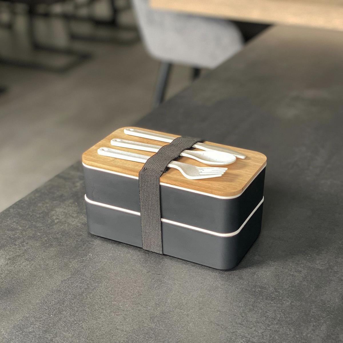 LUNCH BROTBOX mit Messer Gabel Löffel - Schwarz, Naturmaterialen (10.5/9.3/18.5cm) - Intirilife