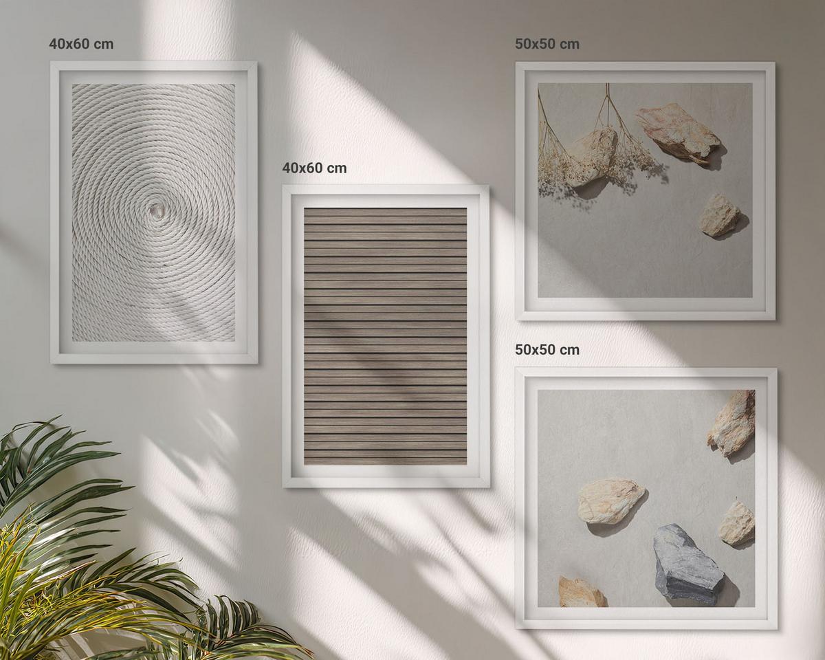 BILDER SET 4er Set - 50x50 cm & 40x60 cm Weißer Rahmen - Natürliche Texturen Holz Steine - Weiß, Kunststoff (50/50cm) - TULUP