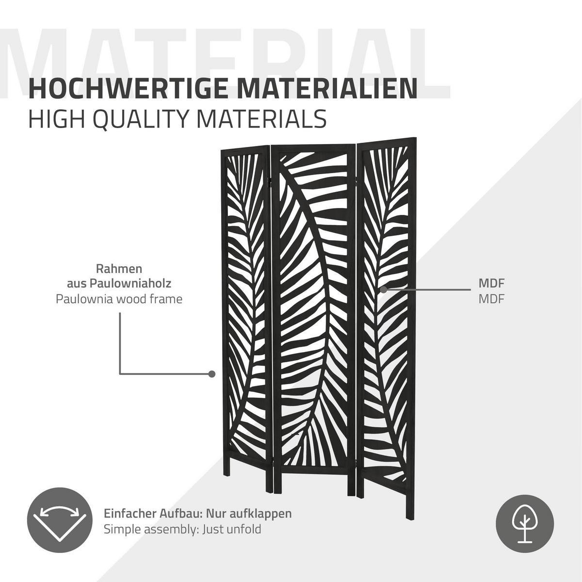 PARAVENT 3 teilig Fukuoka 170x121 cm Schwarz aus Holz - Schwarz, Holz (121/170/2cm) - ML-DESIGN