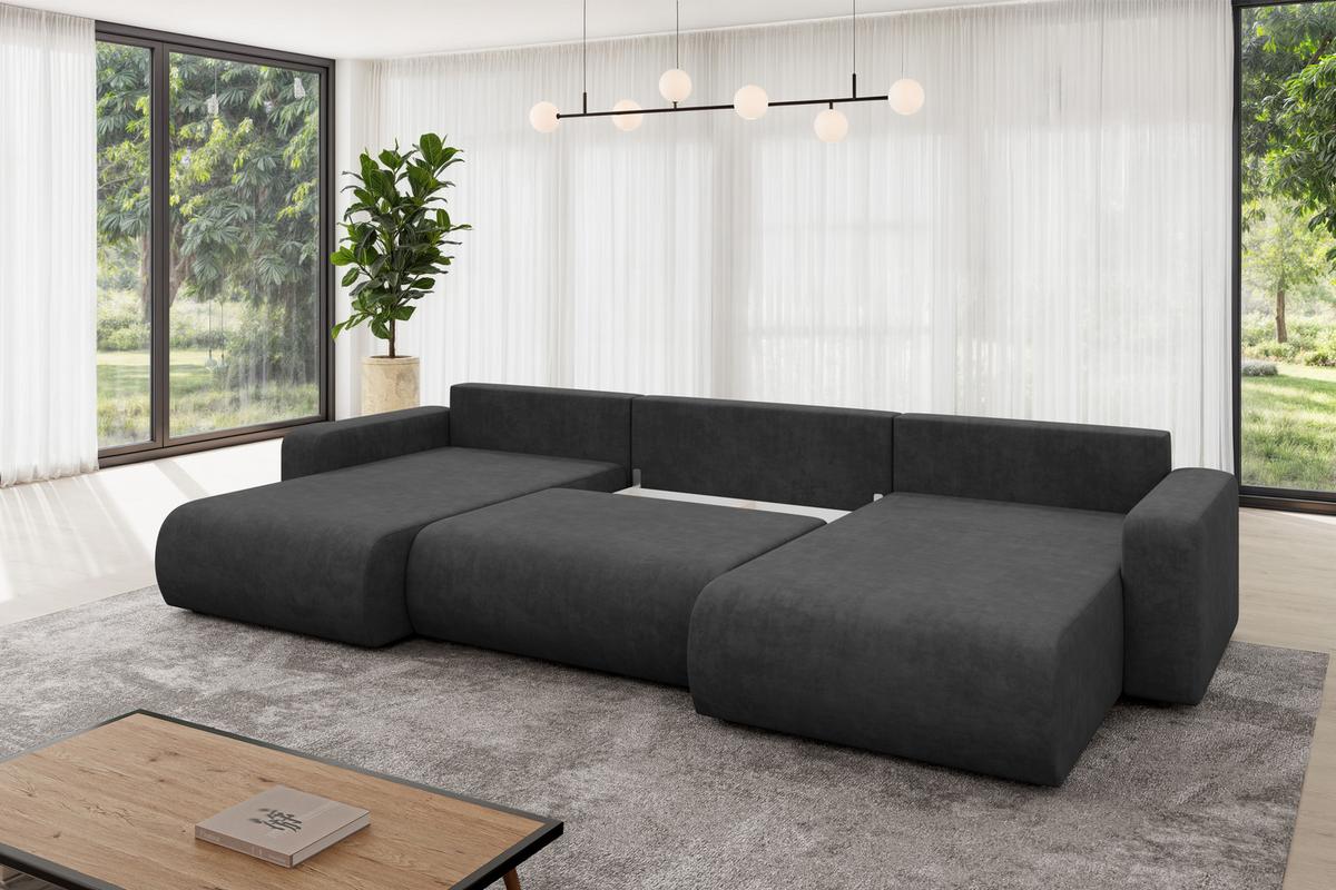 WOHNLANDSCHAFT mit Schlaffunktion und Bettkasten BERY-U 377x193x88 Dunkelgrau Velours - Anthrazit/Schwarz, Holzwerkstoff/Kunststoff (377/88/193cm) - ALTDECOR