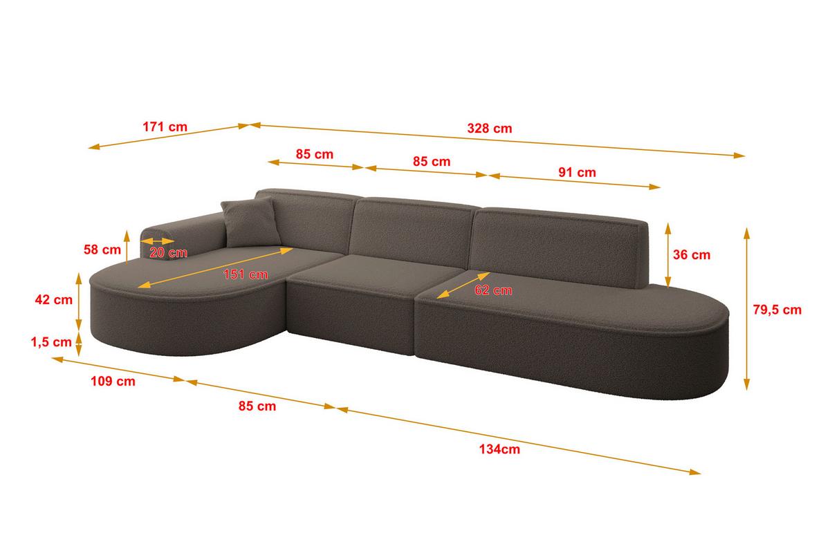 ECKSOFA Ottomane Links MARI-L2 - 328x171x79 cm Braun Bouclé - Schwarz/Braun, Holzwerkstoff/Kunststoff (328/171cm) - ALTDECOR
