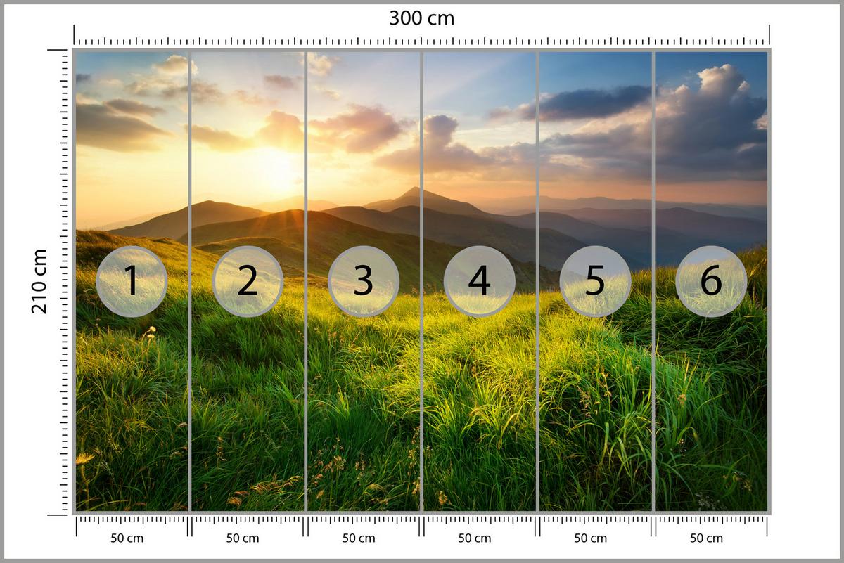 FOTOTAPETE für Wohnzimmer Sonnenuntergang Berge Wiese Gras 300x210 - Gelb/Beige, Papier (300/210cm) - Muralo