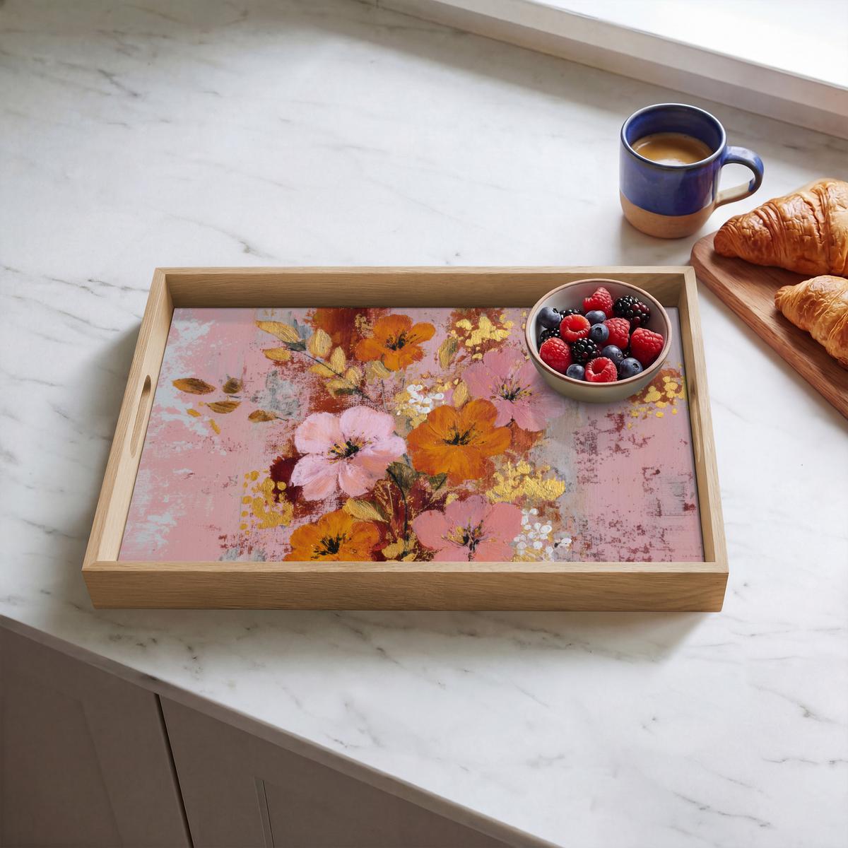 TABLETT Malerei - Blumen - Rustikal - Rosa 50x35 cm - Rosa, Holz (50/5/5cm) - OnlyWow
