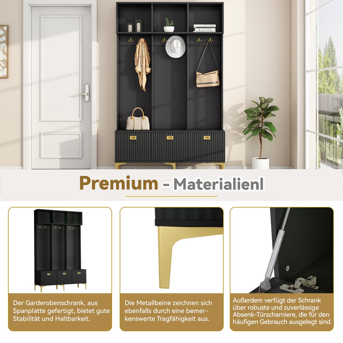 GARDEROBEN schwarz & gold, mit sitzbank und 6 haken - Schwarz, Holzwerkstoff (120/191/40cm) - Urban Meuble