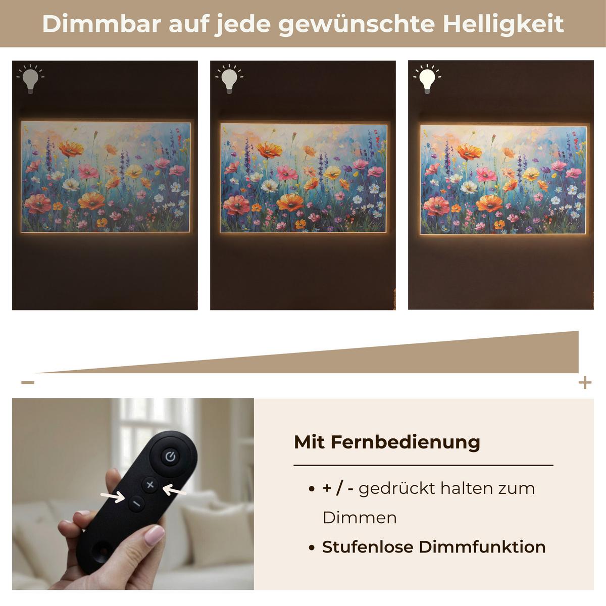 WANDLEUCHTE MIT AKKU Blumen - Natur - Aquarell - Kunst 90x60 cm - Multicolor, Holzwerkstoff (90/60/8cm) - OnlyWow