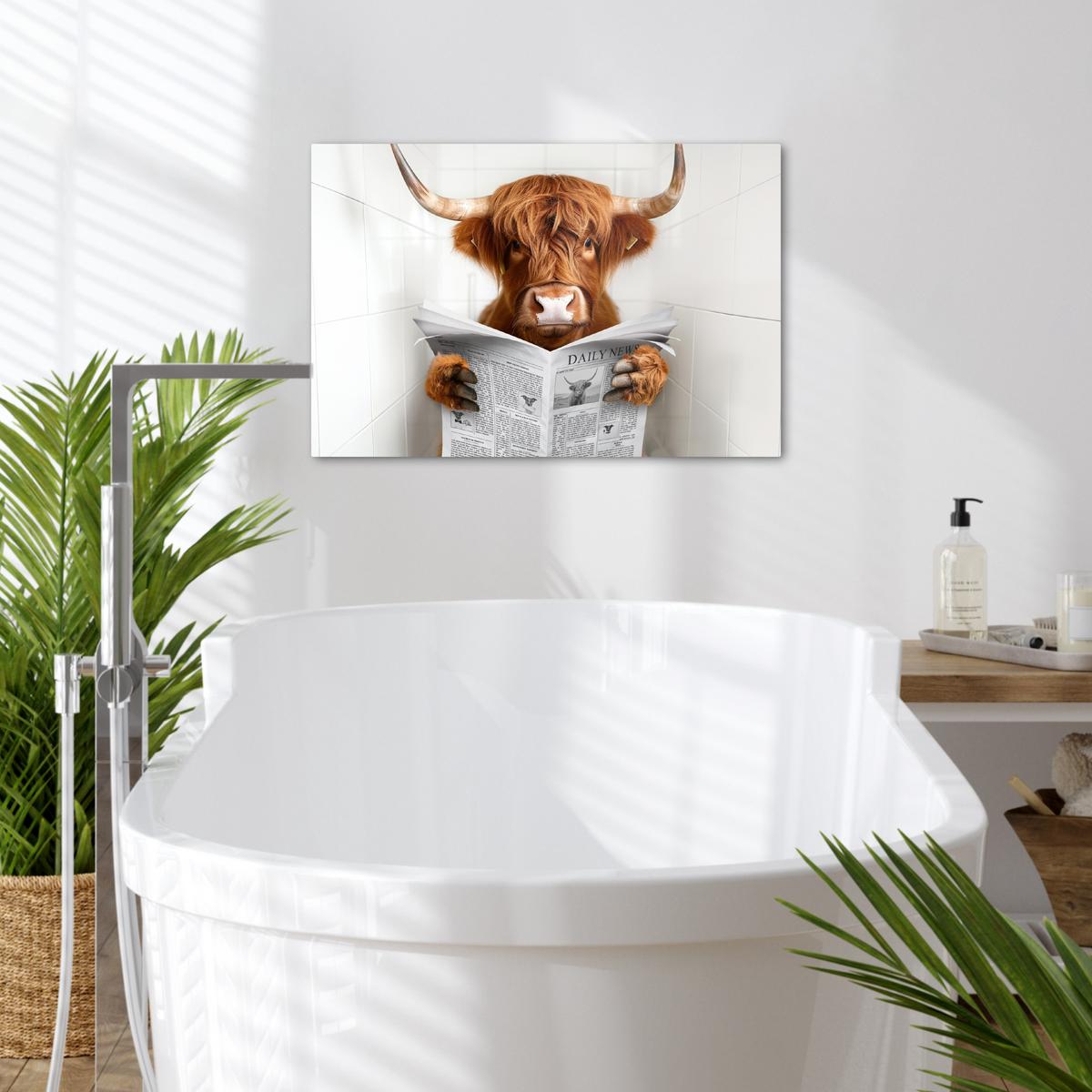 LEINWANDBILD Schottischer Highlander - Tier - Zeitung - Toilette Gemälde 60x40 cm - Kastanienfarben, Textil (60/40cm) - MuchoWow