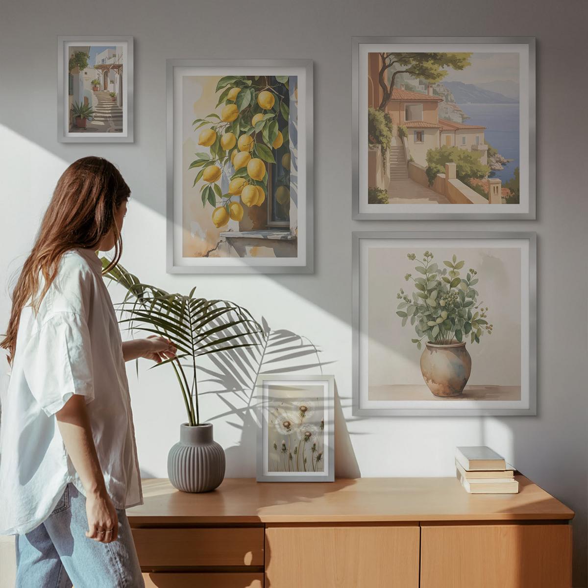 BILDER SET 5er Set - 50x50 cm & 20x30 cm & 40x60 cm Silberner Rahmen - Lemon Streets Meerblick - Silberfarben, Kunststoff (40/60cm) - TULUP