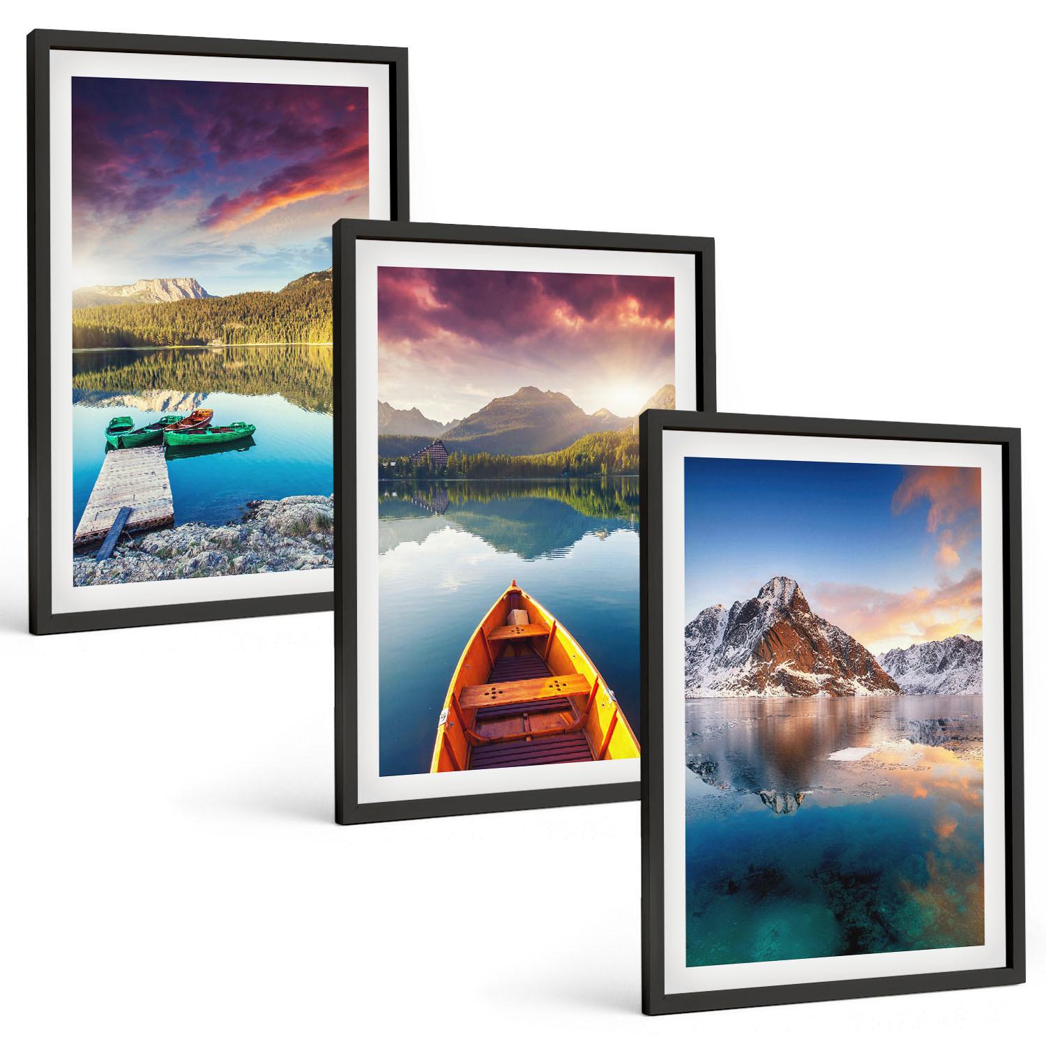 BILDER SET 3er Set - 40x60 cm Schwarzer Rahmen - Seen, Berge, Boote, Frieden - Schwarz, Kunststoff (40/60cm) - TULUP