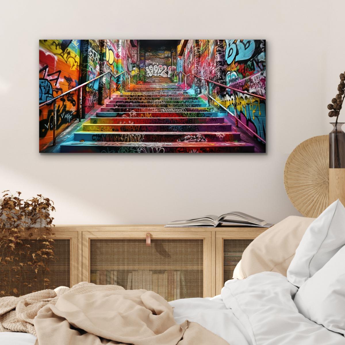 METALLBILD Treppe - Graffiti - Farben - Kunst 80x40 cm - Multicolor, Metall (80/40cm) - MuchoWow