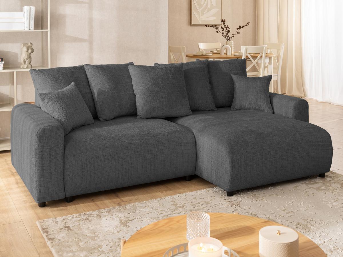 ECKSOFA Calma mit Schlaffunktion und Bettkasten im Bumpy-Design aus weichem Grau Chenille-Stoff - Ottomane rechts - Beige/Schwarz, Holz/Kunststoff (239/140cm) - S-Style Möbel