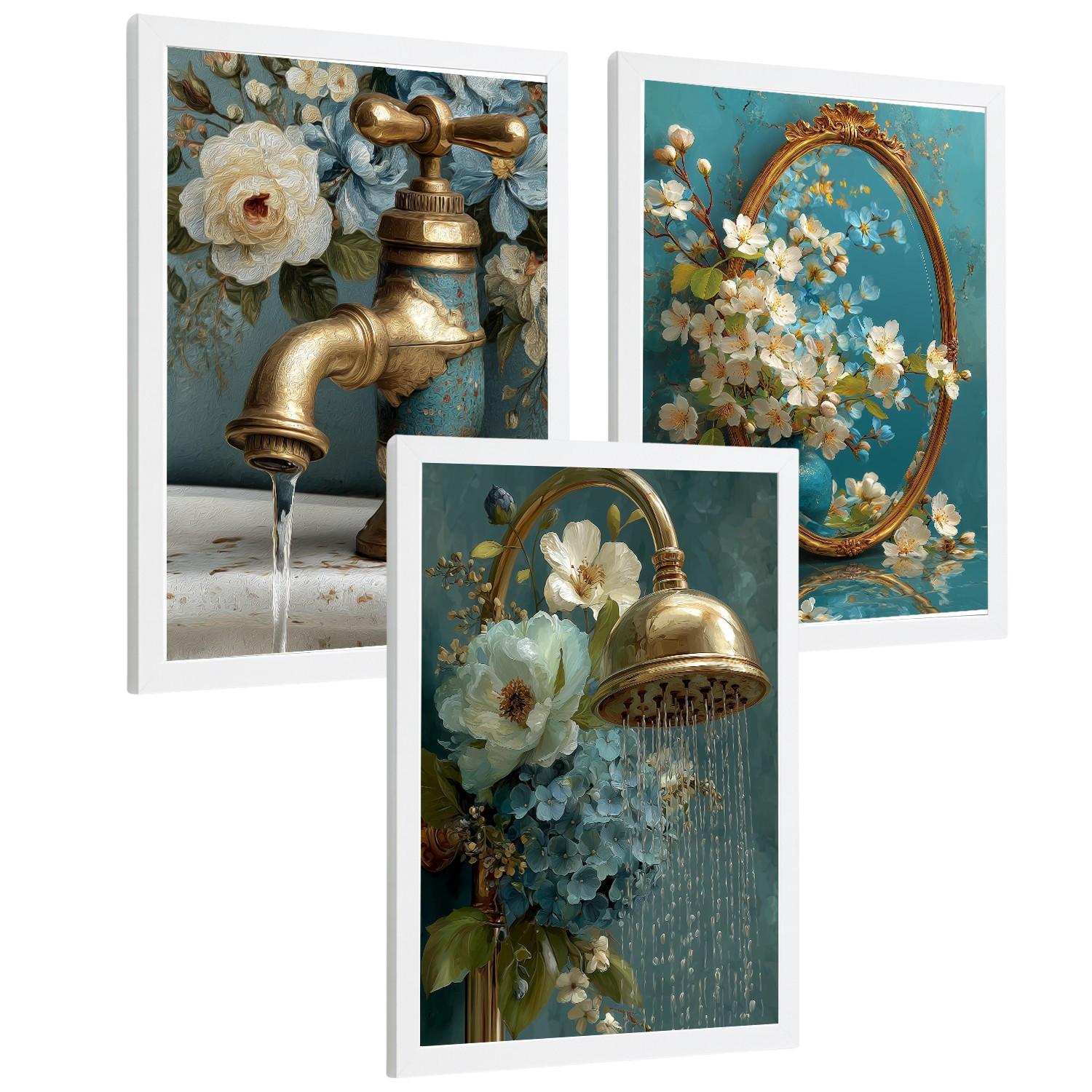 POSTER 3er-Set dekorative Badezimmer-Poster, elegante für Wand, Waschbecken, Dusche, mit Armatur, Spiegel und goldener Dusche Weißer Rahmen A4 - Weiß, Papier (29.7/21/3cm) - Nacnic
