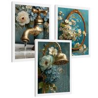 POSTER 3er-Set dekorative Badezimmer-Poster, elegante für Wand, Waschbecken, Dusche, mit Armatur, Spiegel und goldener Dusche Weißer Rahmen A4 - Weiß, Papier (29.7/21/3cm) - Nacnic