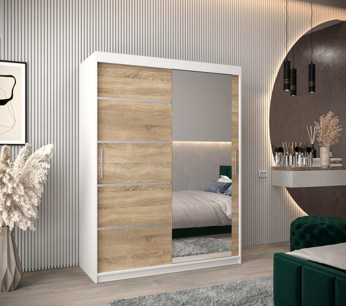 SCHWEBETÜRENSCHRANK 200/150/62 2-türig - Silberfarben/Weiß, Holz/Kunststoff (150/200/62cm) - MÖBEL KRYSPOL