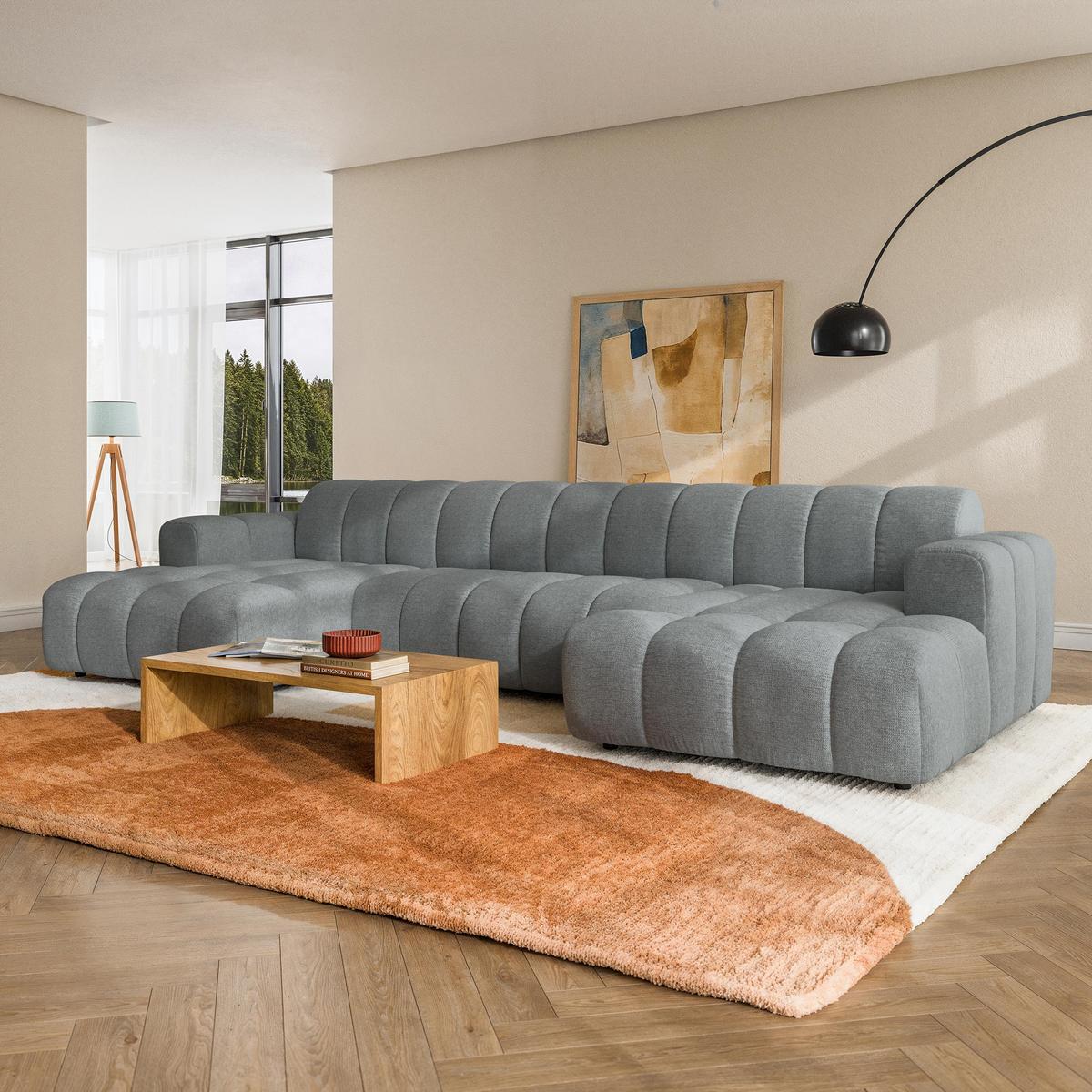 WOHNLANDSCHAFT AENIS Grau Strukturstoff - Grau, Holz (398/85/165cm) - MASSENO