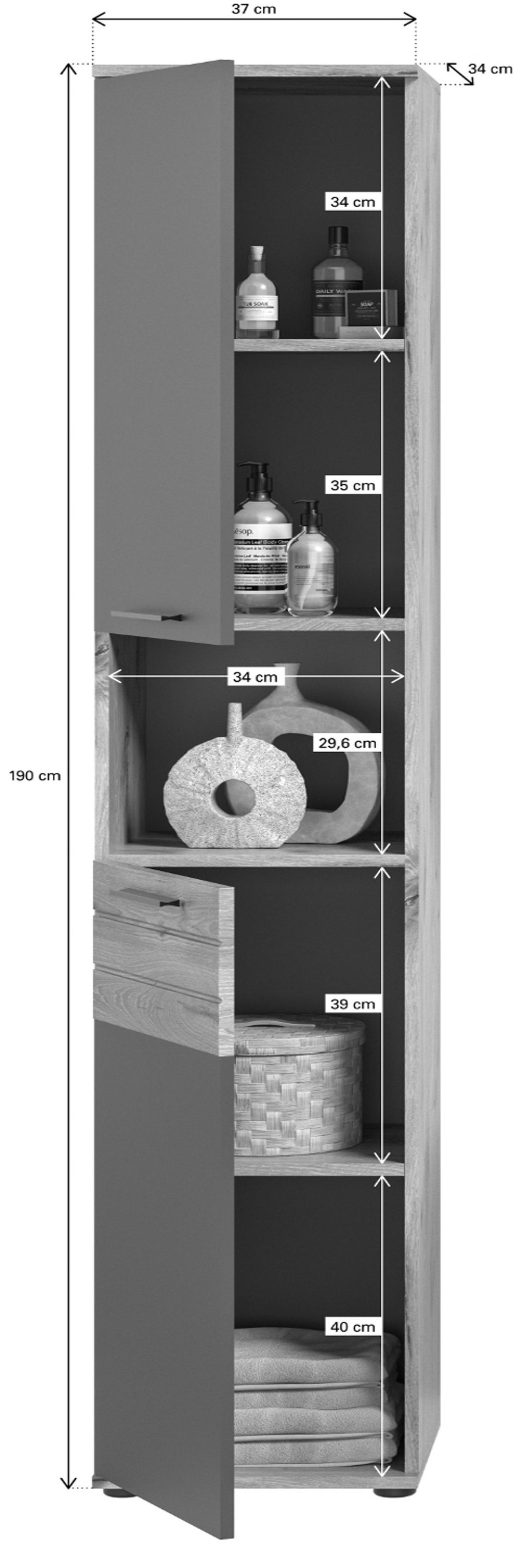 HOCHSCHRANK Eiche, grau 37 x 190 cm, Badschrank mit Soft-Close - Eichefarben/Schwarz, Holzwerkstoff/Kunststoff (37/190/34cm) - Inn.Furn