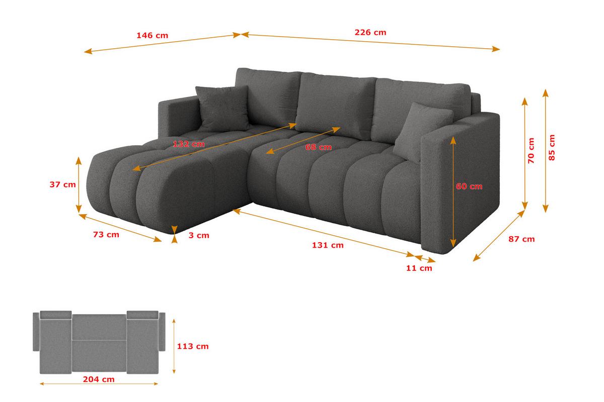ECKSOFA mit Schlaffunktion Ottomane Links GARD-L 226x146x85 Grau Bouclé - Schieferfarben/Schwarz, Holzwerkstoff/Kunststoff (226/146cm) - ALTDECOR