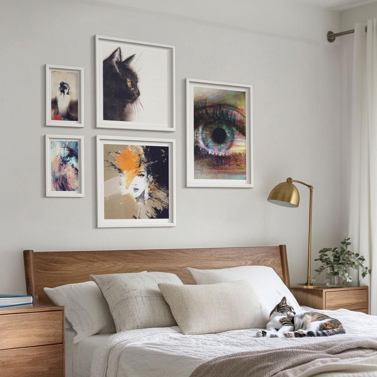 BILDER SET 5er Set - 50x50 cm & 20x30 cm & 40x60 cm Weißer Rahmen - Gelbgrau-braune Wellen - Weiß, Kunststoff (40/60cm) - TULUP