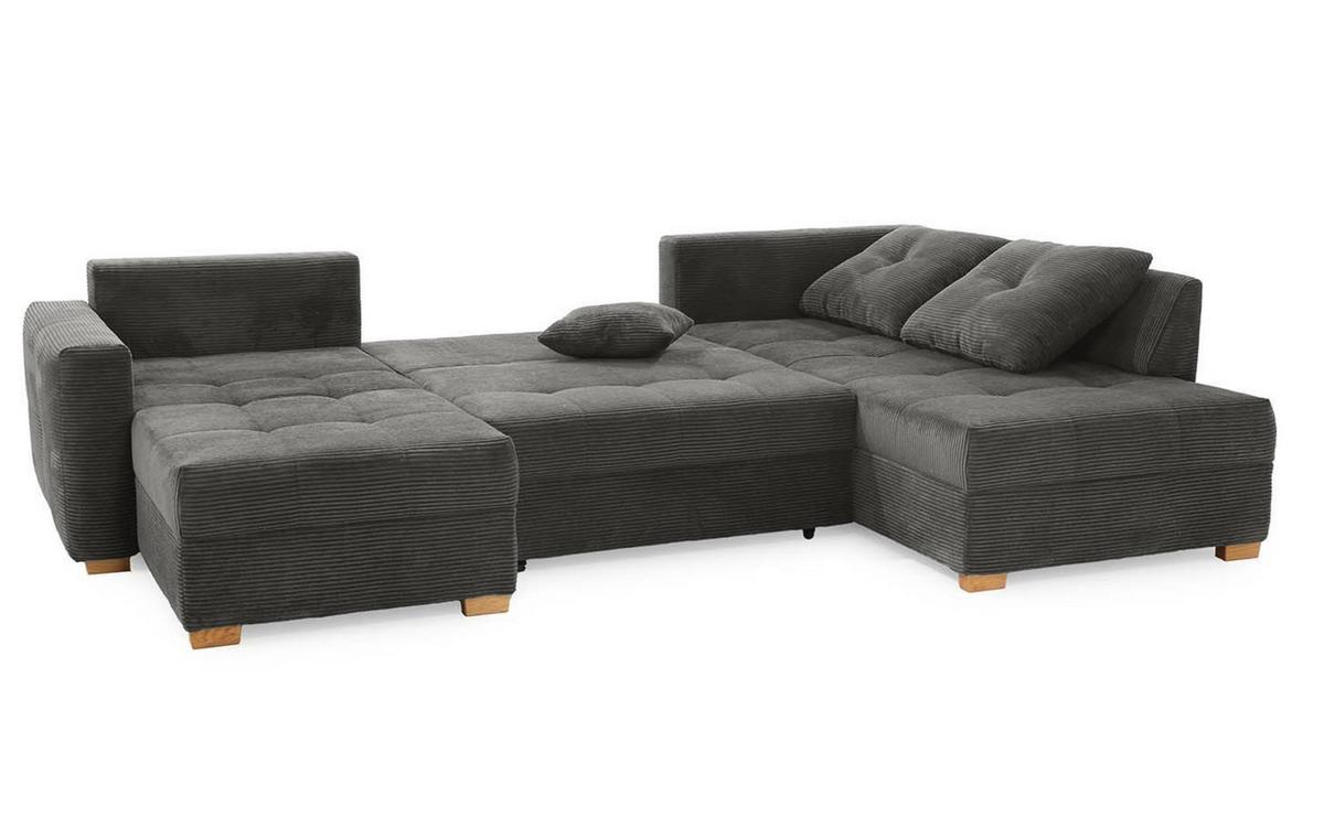 WOHNLANDSCHAFT mit Schlaffunktion und Bettkasten, spiegelverkehrt montierbar U-Form B313/T200/H92 cm, Cord Dunkelgrau / 15220 - Dunkelgrau/Eichefarben, Holz/Textil (313/92/200cm) - luma-home