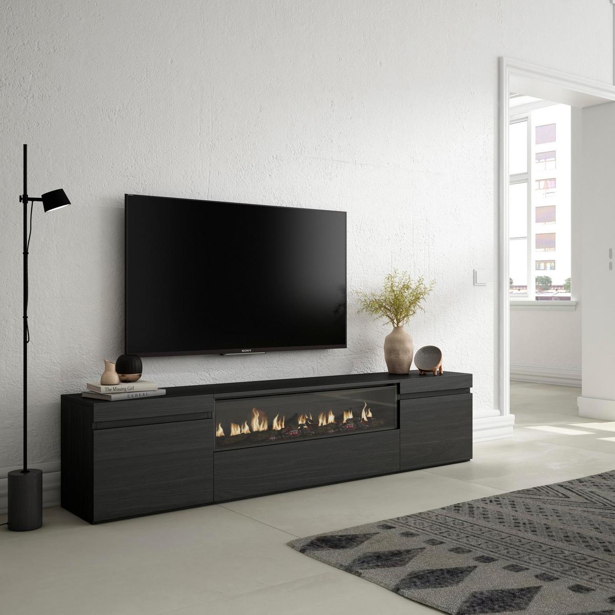 LOWBOARD, mit Elektrokamin, Schwarz, 200/35/45cm - Anthrazit, Holzwerkstoff (200/45/35cm) - Skraut Home