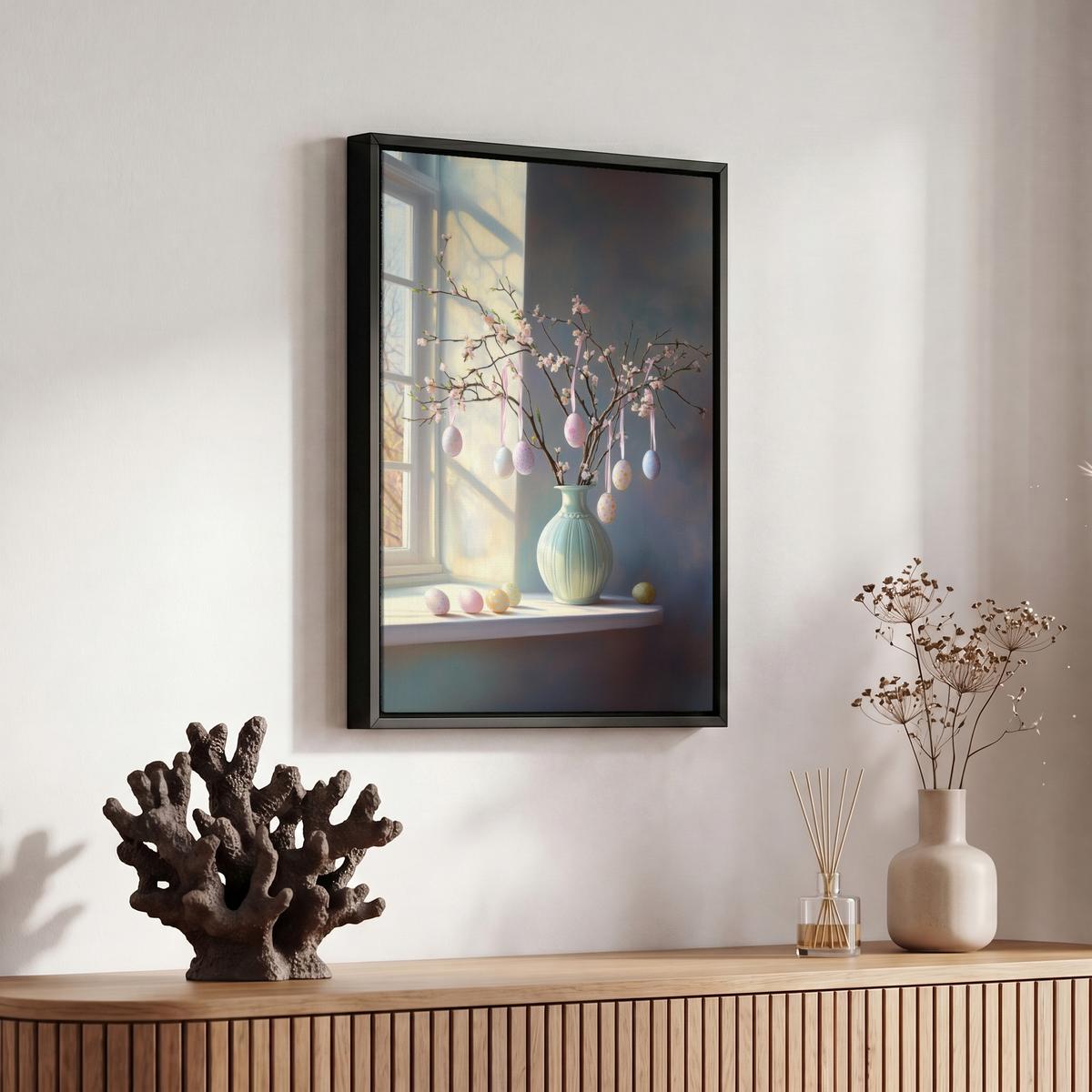 LEINWAND Bilder mit Rahmen - Stillleben - Vase - Osterzweig - 20x30 - Hellblau, Textil (20/30cm) - MuchoWow