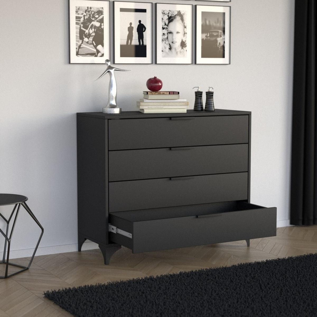 KOMMODE Home mit 4 Schubladen, 100 cm, ohne Griffe, Schwarz - Schwarz, Holzwerkstoff (80/85/40cm) - Beautysofa