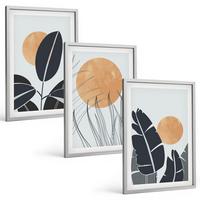 BILDER SET 3er Set - 40x60 cm Silberner Rahmen - Pflanzenmuster große Sonnen minimalistisch - Silberfarben, Kunststoff (40/60cm) - TULUP