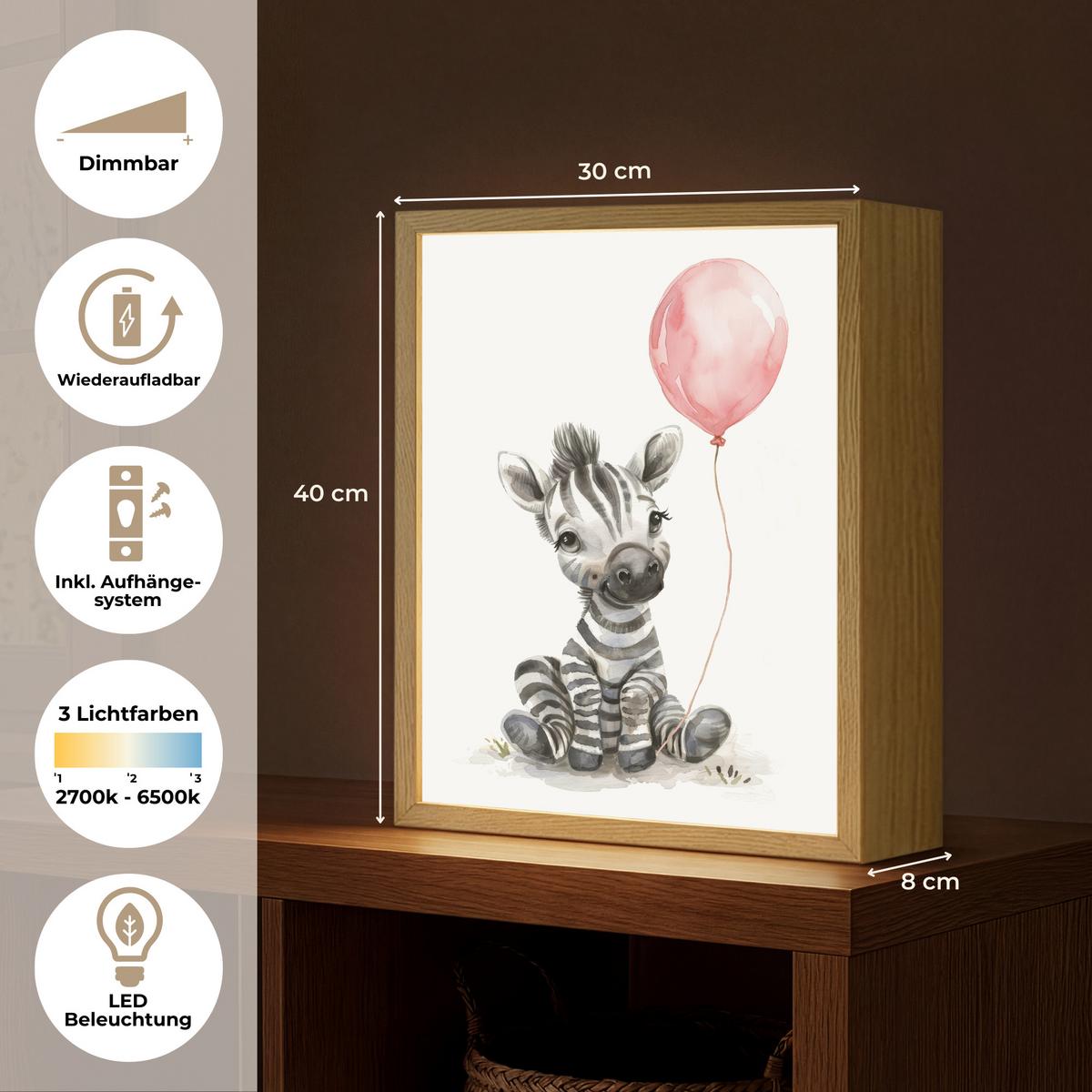 NACHTTISCHLAMPE MIT AKKU Zebra - Baby - Tiere - Rosa Luftballon 30x40 cm - Weiß, Holzwerkstoff (8/30/40cm) - OnlyWow