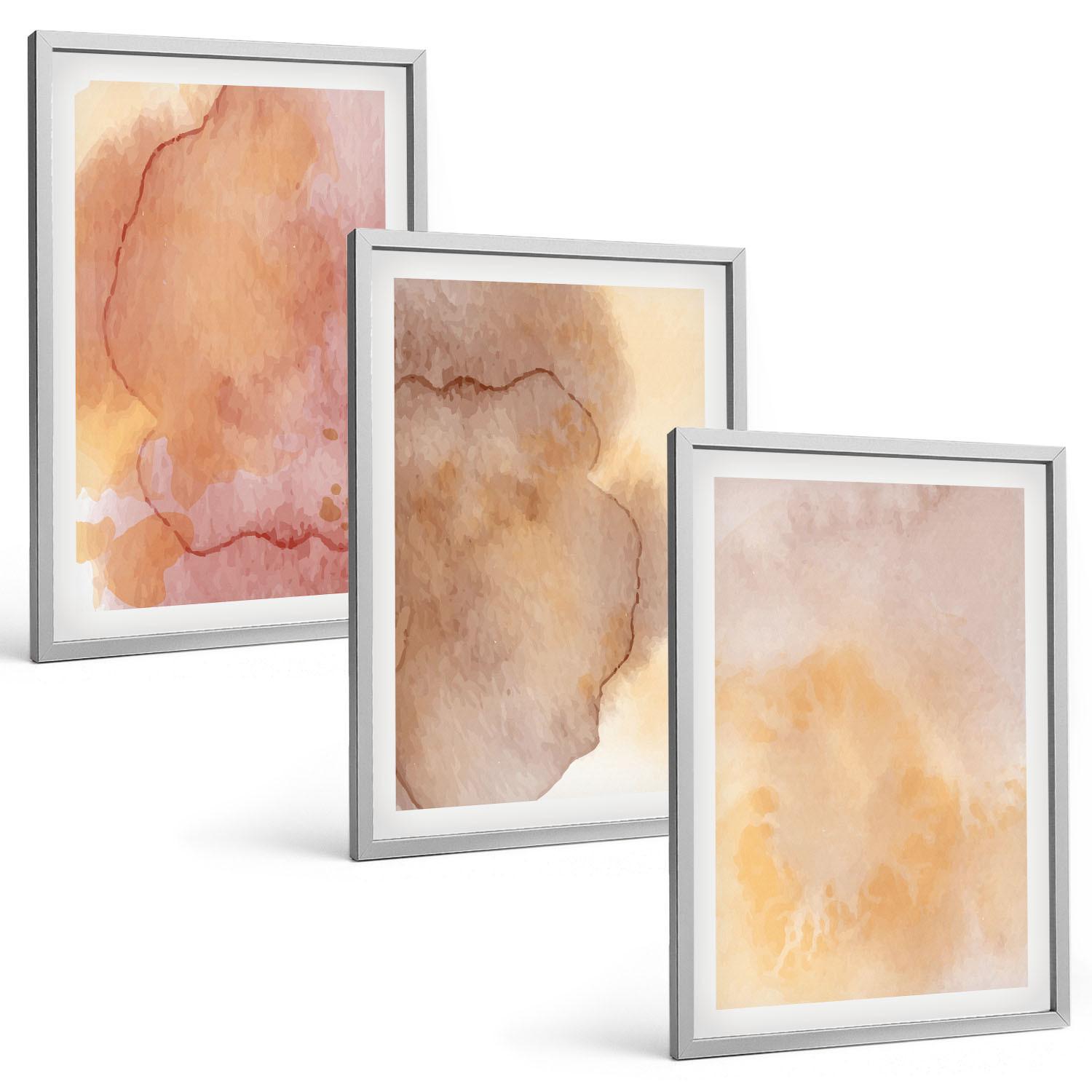 BILDER SET 3er Set - 40x60 cm Silberner Rahmen - Warme, farbenfrohe Aquarelltexturen - Silberfarben, Kunststoff (40/60cm) - TULUP