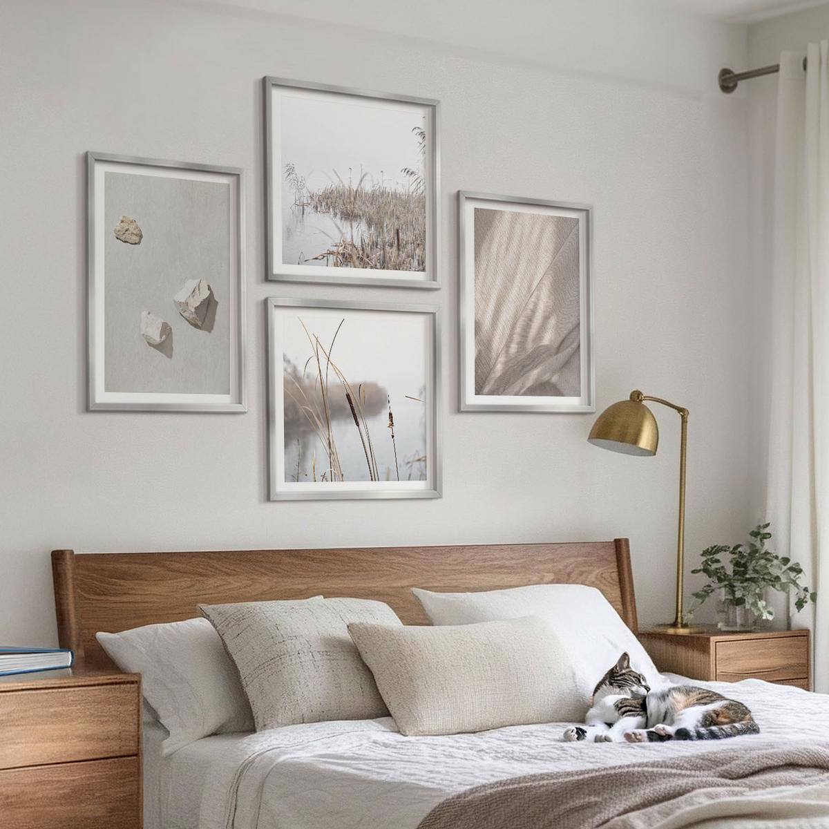 BILDER SET 4er Set - 50x50 cm & 40x60 cm Silberner Rahmen - Nahaufnahmen der Struktur im Boho-Stil - Silberfarben, Kunststoff (50/50cm) - TULUP