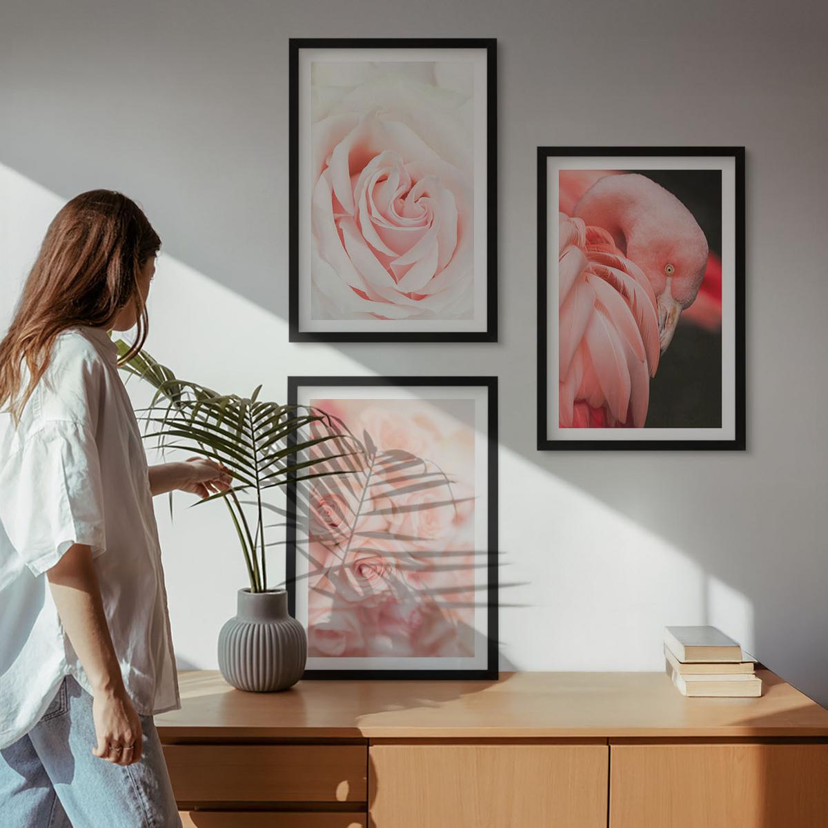 BILDER SET 3er Set - 40x60 cm Schwarzer Rahmen - Zartrosa Flamingos - Schwarz, Kunststoff (40/60cm) - TULUP