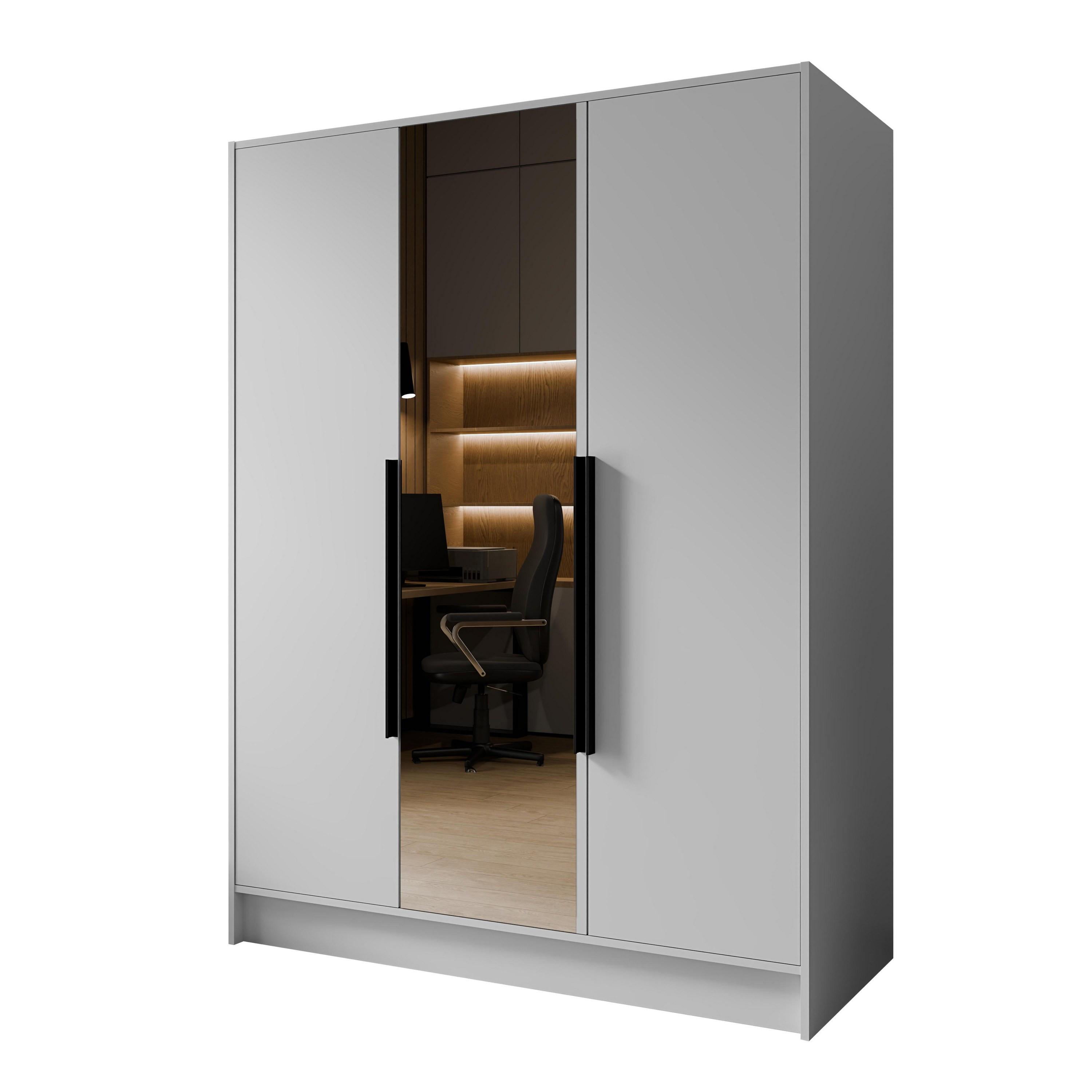 DREHTÜRENSCHRANK RENVO 150/200/51 cm Modern Kleiderschrank 3-türig mit Spiegel Weiß - Weiß, Holzwerkstoff (150/200/51cm) - MASSENO