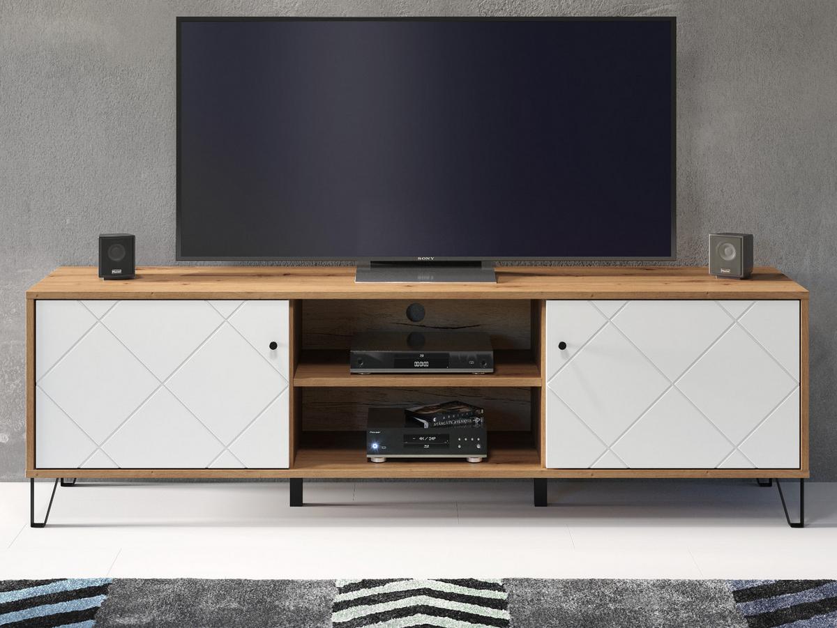 TV-LOWBOARD weiß matt, Eiche Artisan 183 cm,TV-Unterteil mit Soft-Close-Funktion - Eichefarben/Schwarz, Holzwerkstoff/Kunststoff (183/56/40cm) - Top.Furn
