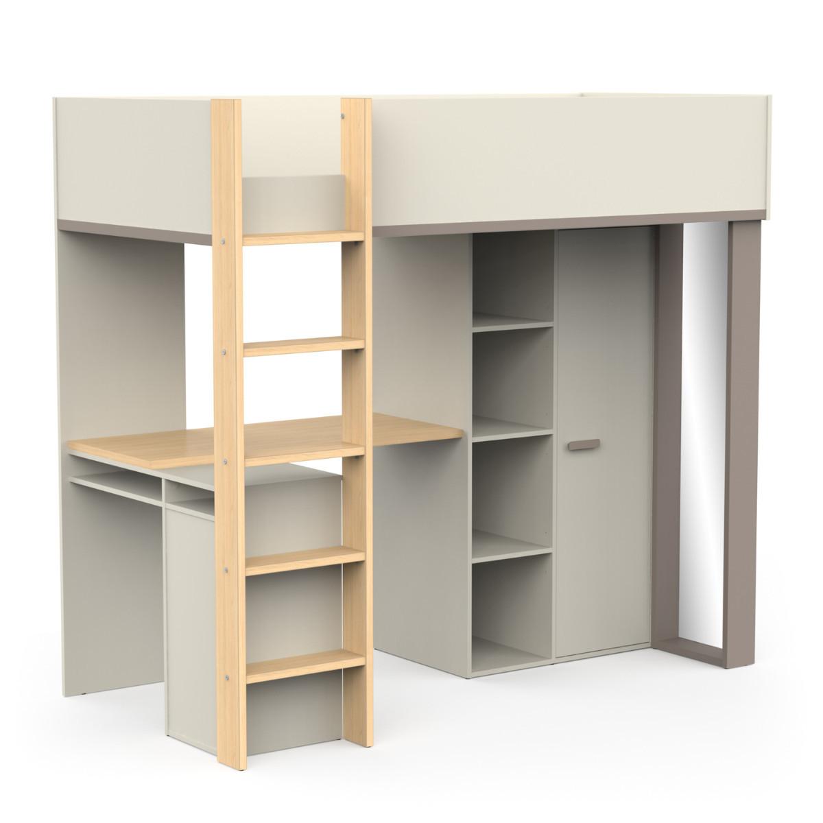 HOCHBETT mit schreibtisch und kleiderschrank - camillia 205,9/104,1/183 cm - Eichefarben/Grau, Holzwerkstoff - Calicosy