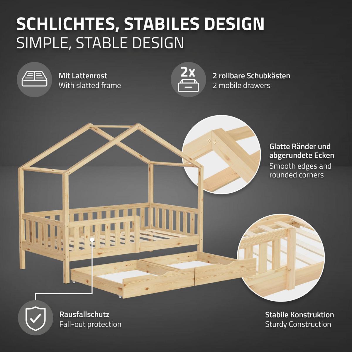 HAUSBETT mit Matratze 80x160 cm und 2 Schubladen Natur aus Kiefernholz - Beige, Holz (80/160cm) - ML-DESIGN